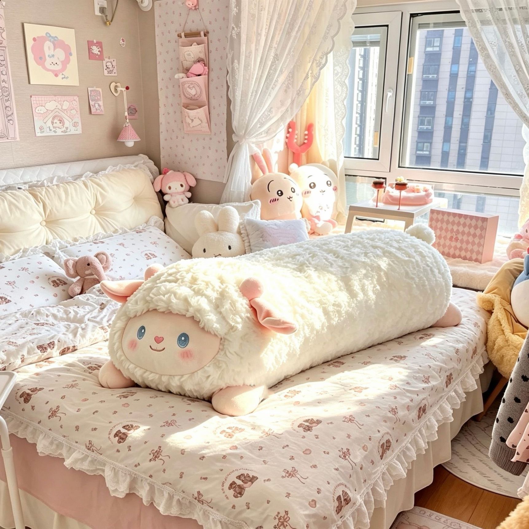 Cute fluffy little lamb long pillow plush toy for side sleeping, leg-hugging doll for bed and dormitory use