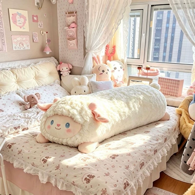 Cute fluffy little lamb long pillow plush toy for side sleeping, leg-hugging doll for bed and dormitory use