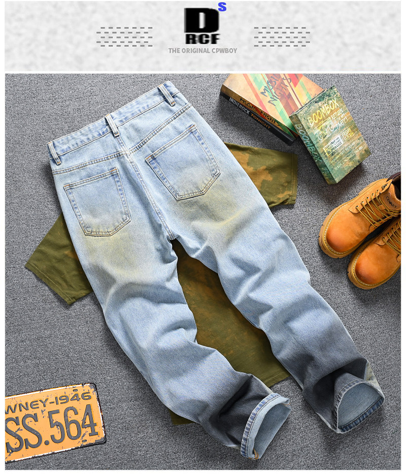 Men's Vintage Washed Jeans - Relaxed Straight-Leg High Street Denim Pants With Wave Crease Design, Light Blue_mkmklike.com