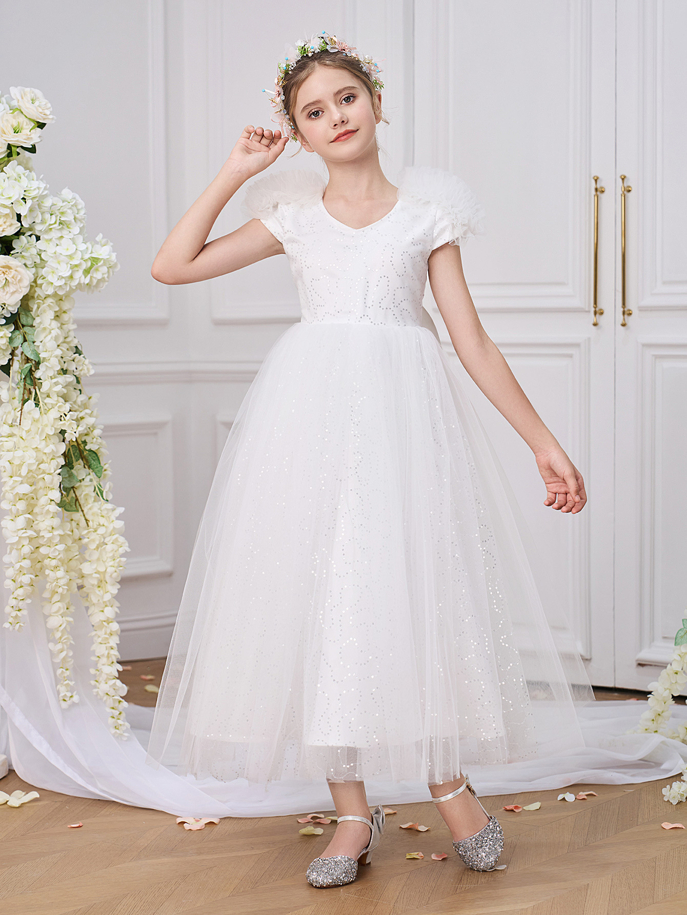 Vestido de boda floral vestido blanco largo vestido de fiesta de cumpleaños vestido de desfile vestido para niños
