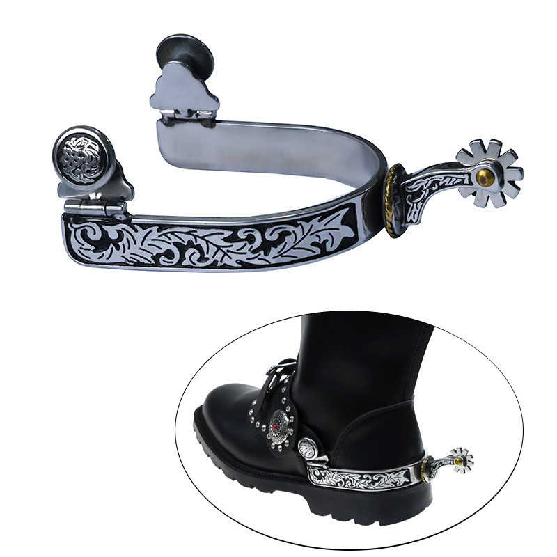 Stainless Steel Western Cowboy Spurs with Black Pattern and Gear Design for Men【Sp5131】