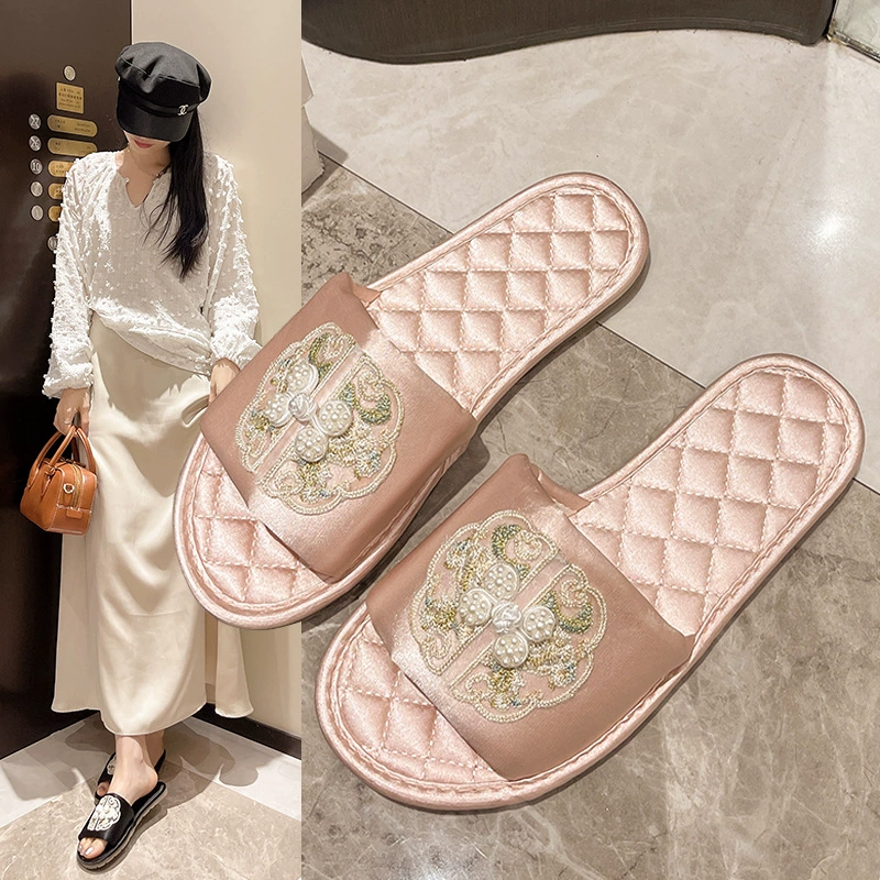 Новые китайские холодные тапочки вышивка в китайском стиле ретро мода дома в помещении атласный плоский фон бесшумный