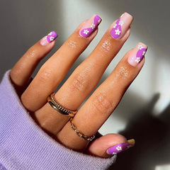 Delicate and Fresh Purple-Hued Sweet Flower-Patterned Cute Style Mid-Length European & American Instagram-Worthy Nail Art with Adorable Fake Nails