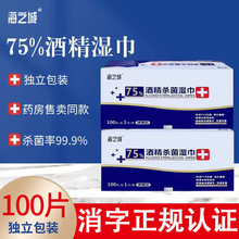 一件代发独立75%酒精湿巾一次性消毒湿纸巾药房药店专卖100片盒装