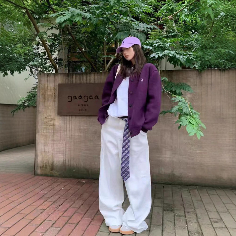 韩版超显白紫色针织开衫毛衣女25秋冬新款慵懒风宽松针织上衣外套|undefined