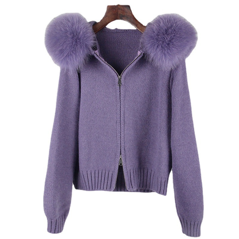 Ropa de mujer Nueva chaqueta de otoño e invierno informal con capucha y cuello de piel auténtica a la moda que combina con todo, abrigo de punto para mujer_voghion.com
