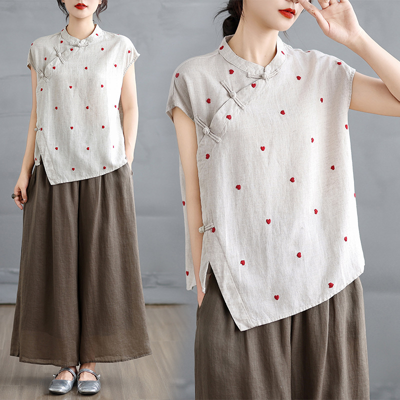 Original Design with Small Heart Print, New Chinese Style Summer Cotton and Linen Zen-Inspired Moon-Sleeve Blouse
