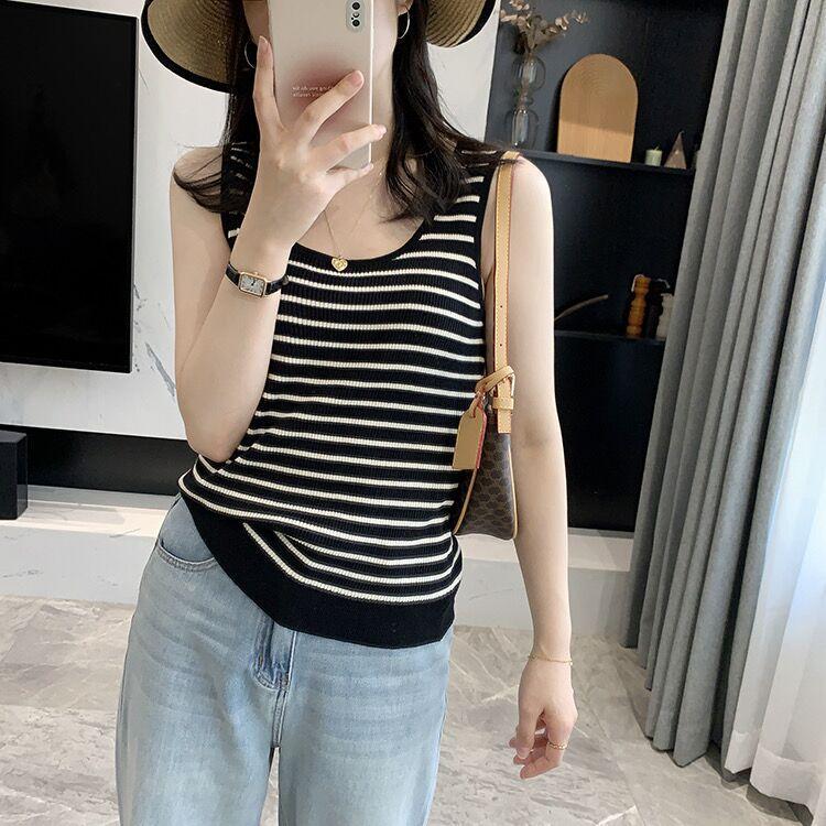 plus size Striped Wide Shoulder Knitted Camisole Women's Inner Vest 2025 Spring and Autumn New chubby girl Belly Covering Slim Top Summer