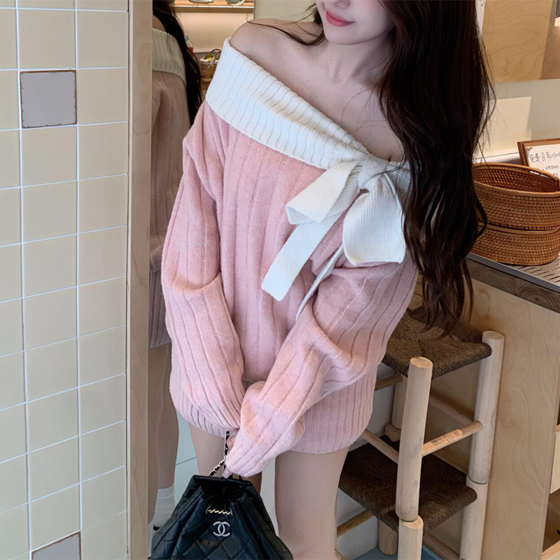 Korean Style Autumn and Winter Petite Waist Slim Fit Hip-Hugging Short Skirt Pink One-Shoulder Long-Sleeved Knitted Dress for Women Korean Style Autumn and Winter Petite Waist Slim Fit Hip-Hugging Short Skirt Pink One-Shoulder Long-Sleeved Knitted Dress for Women