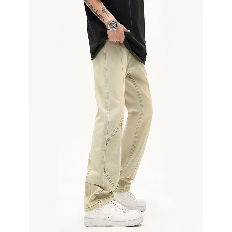 Primavera y otoño American High Street Jeans Pantalones de moda casual para hombres Pantalones amarillos de barro de diseño suelto recto de todo fósforo