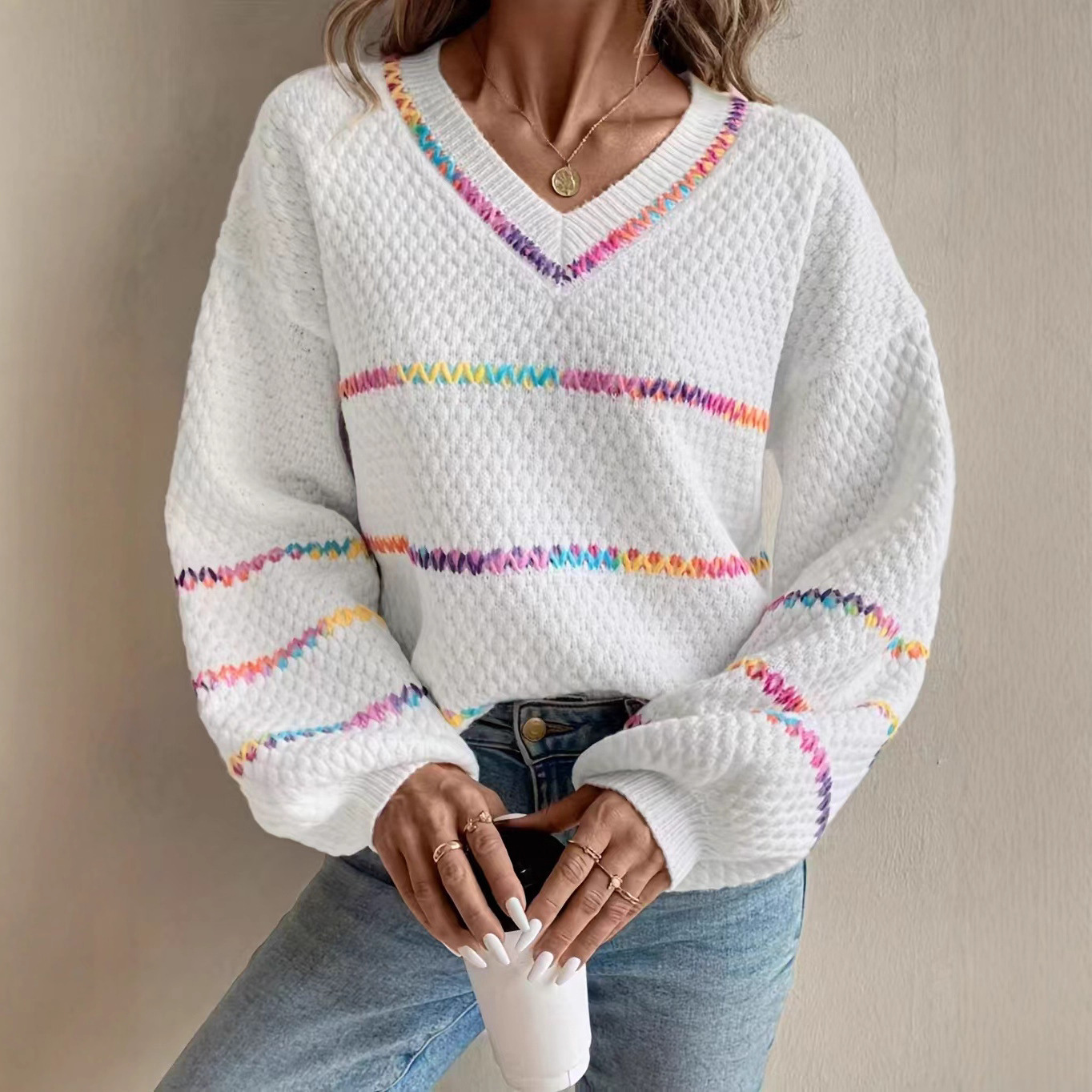 Autumn and Winter New Cross-Border Women's Long-Sleeved Pullover Loose Sweater Stripesd European and American Cross-Border V-Neck Contrasting White Top