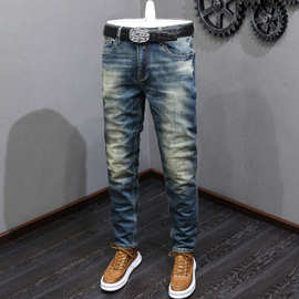 大牛弹力直筒宽松牛仔裤男复古怀旧潮牌水洗长裤子