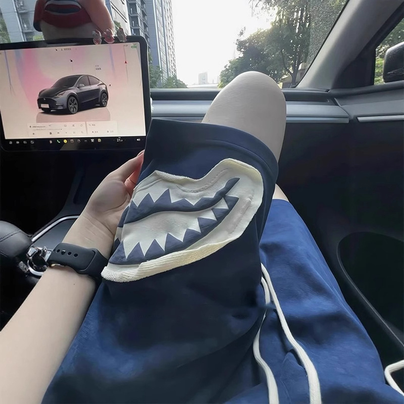 Navy Blue Patch Shark Mouth Shorts Men's Summer Loose Breathable Straight Pants Casual Sports Pants