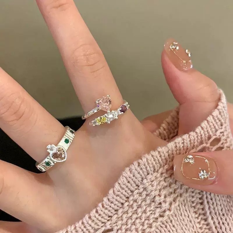 甜酷风粉钻爱心戒指女夏轻奢小众设计感指环精致开口可调节食指戒|undefined