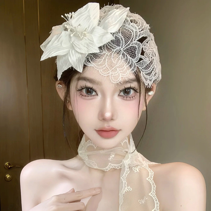 Super Fairy Lace Headband Hat with Floral Hair Accessories, French Retro Wedding Dress Style Bridal Headpiece Accessories