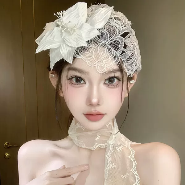 Super Fairy Lace Headband Hat with Floral Hair Accessories, French Retro Wedding Dress Style Bridal Headpiece Accessories