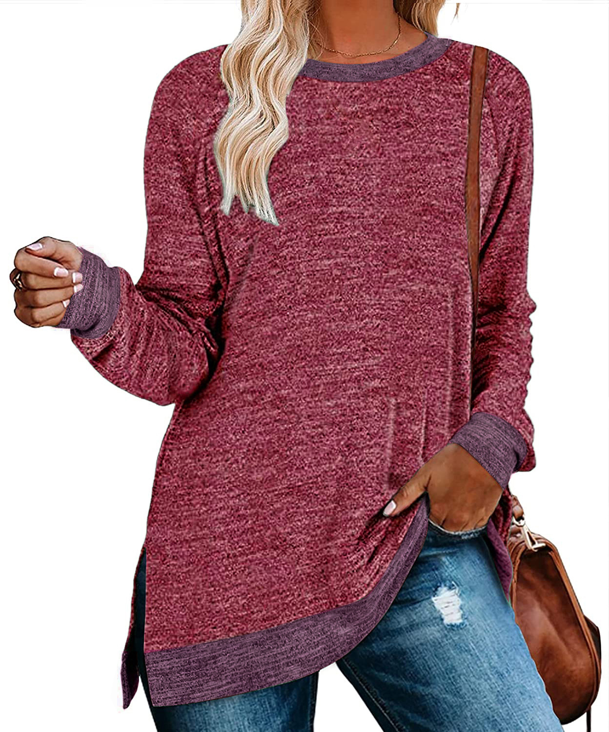 Women's Long Sleeved Round Neck Color Split Top Loose Casual Pullover T-shirt_voghion.com