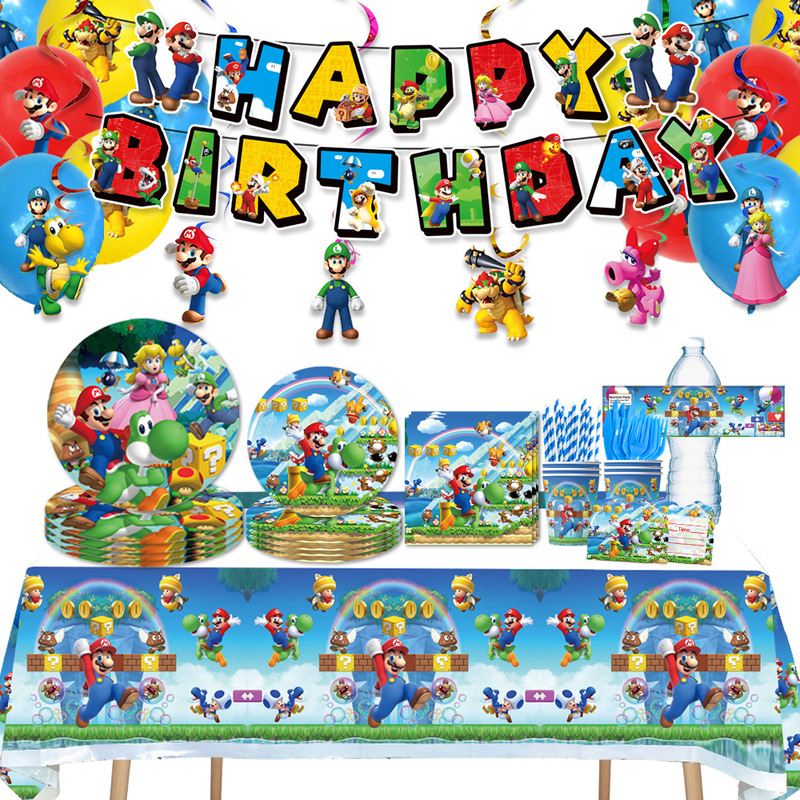 New Blue Mario Super Mario Game Themed Birthday Party Decoration Banner with Balloon Decorations