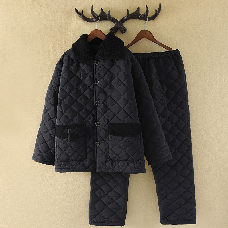 [Windproof and Waterproof] Black Quilted Pajamas for Men, Winter Three-Layer Thickened Warm Loungewear Set, One-Piece Wholesale