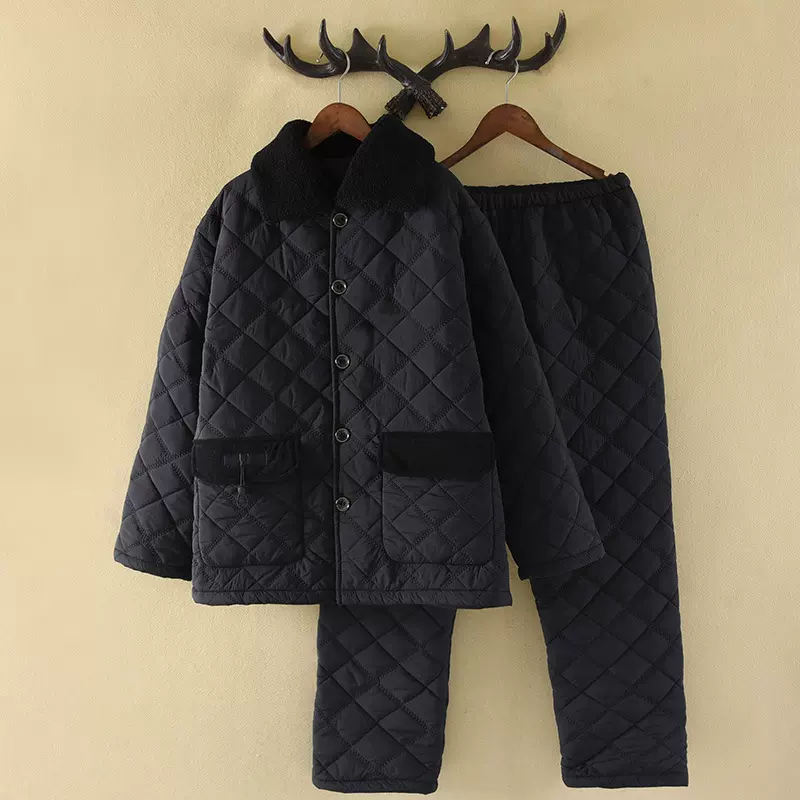 【防风防水】黑色夹棉睡衣男冬季三层加厚保暖家居服套装一件代发