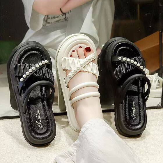 New Pearl Two-Wear Thick Slippers Women's Outer Wear Fashionable Chanel Style All-Match Korean Style Internet Celebrant Slippers Summer