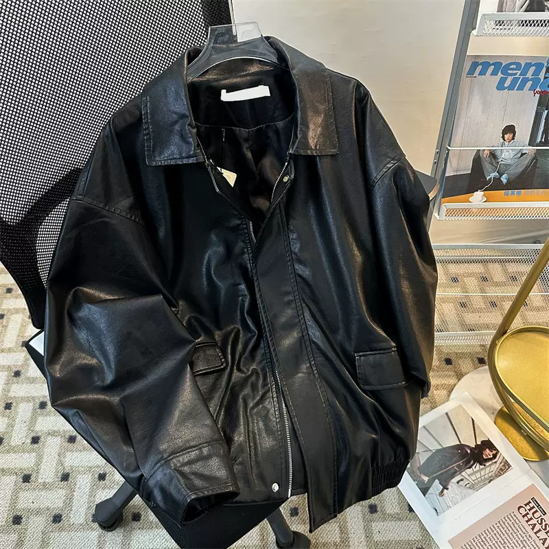 男装春秋新款棕色PU皮衣外套男女同款宽松美式复古机车夹克男上衣