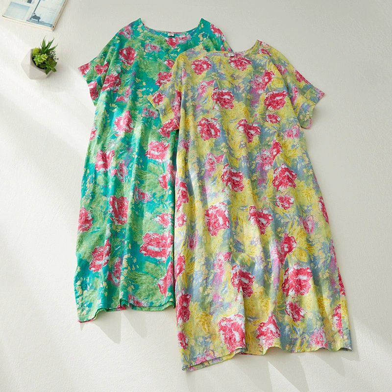 Настоящий выстрел 2023 летнее новое простое женское пухленькое платье больших размеров из хлопка и льна в стиле ретро с цветочным искусством, длинное платье до колен