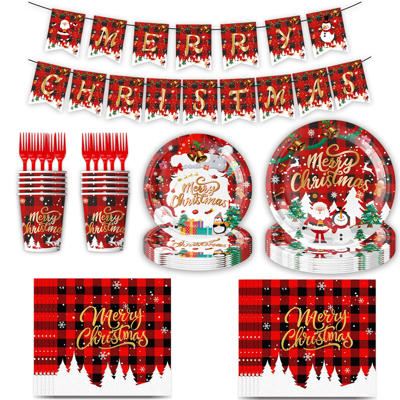 Amazon's New Red Plaid Christmas Themed Party Tableware Disposable Tablecloth Paper Plates Paper Cups Decoration