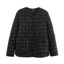 跨境外贸女装2025冬季欧美风圆领长袖单排扣格纹棉衣外套女C45348