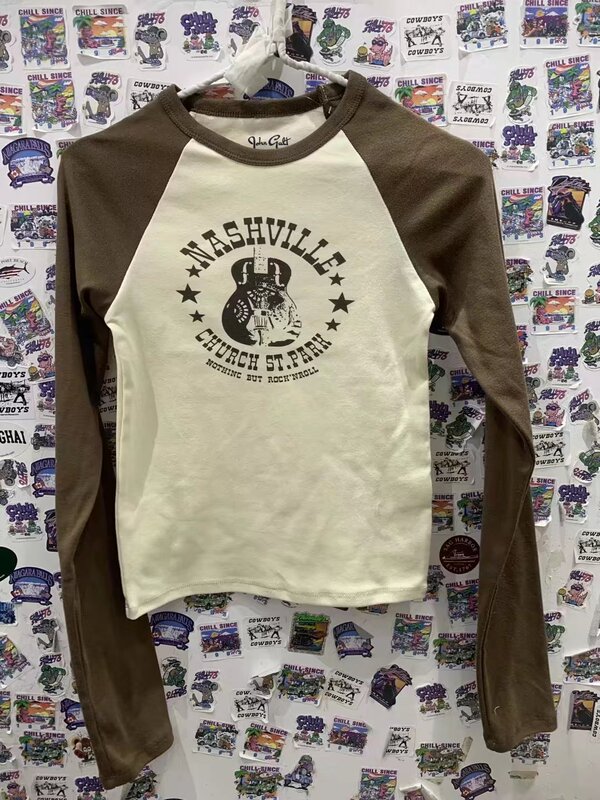 BM style brandy American style retro brown Raglan guitar printed top base shirt long sleeve T-shirt BM style brandy American style retro brown Raglan guitar printed top base shirt long sleeve T-shirt