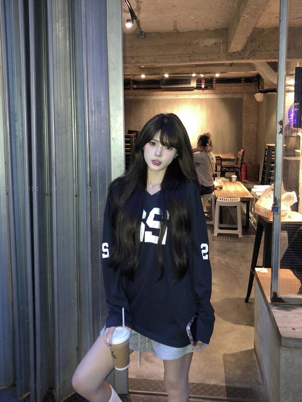 美式复古藏青色V领长袖t恤女秋季印花设计感oversize宽松休闲上衣|undefined