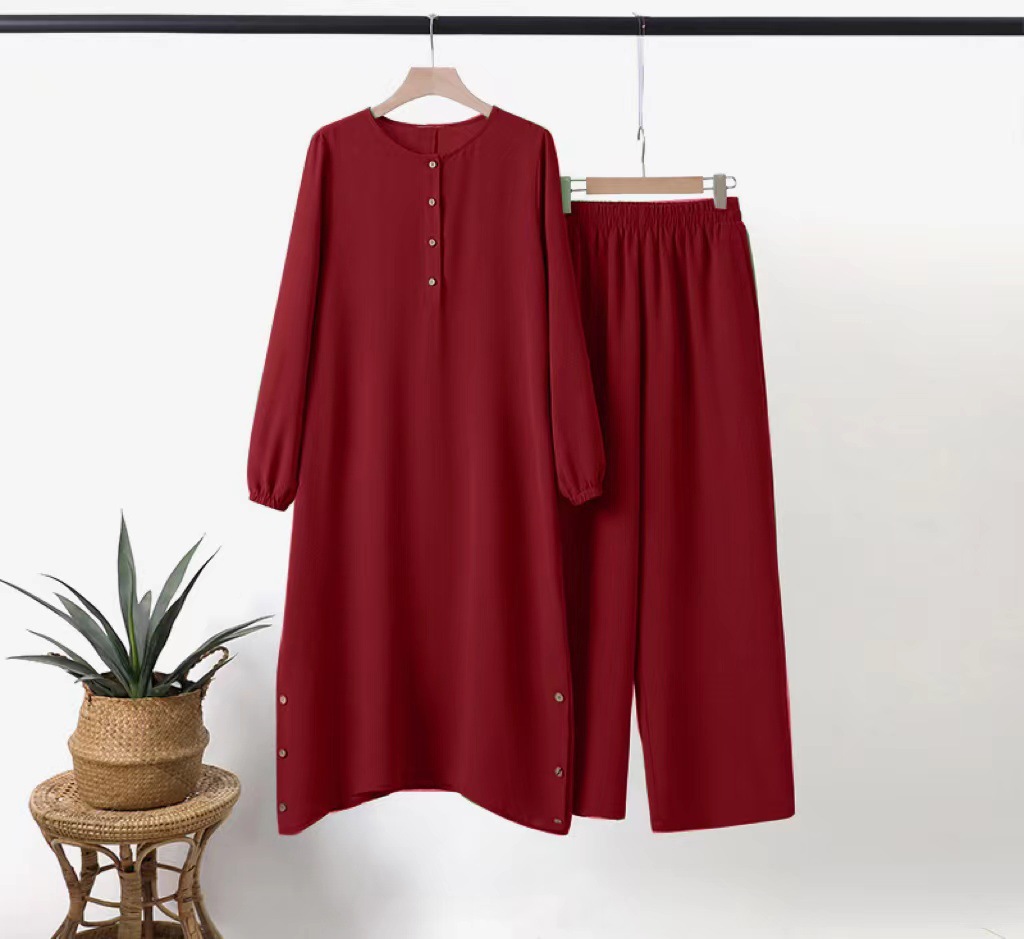 Abbigliamento donna 2024 nuova camicia a maniche a sbuffo con colletto rotondo da donna musulmana, cucitura laterale, bottone decorativo in legno, abito casual alla moda_voghion.com