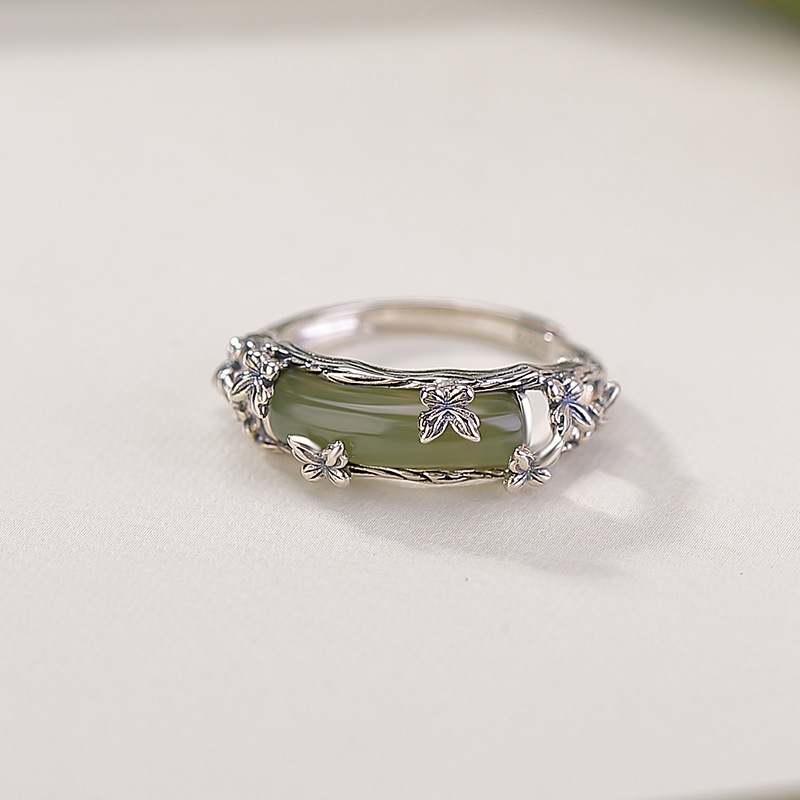 Nhẫn nữ bạc S925 mạ vàng đính ngọc Hetian sapphire hình bướm phong cách retro cổ điển — Một mảnh