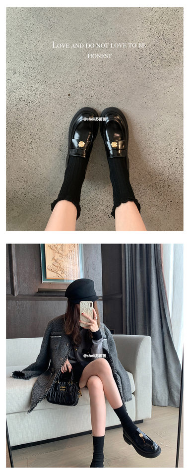 Giày lười nữ đế dày mũi tròn gắn khóa đồng xu nhỏ, giày da đơn gót thô 3–5 cm — Màu đen (lót nhung), Màu đen (trong da) chi tiết 14
