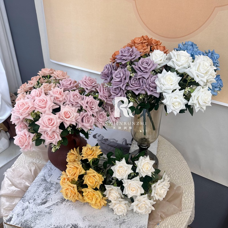 把束11頭玫瑰花仿真花家居假花裝飾新娘手捧花婚慶插花花藝跨境