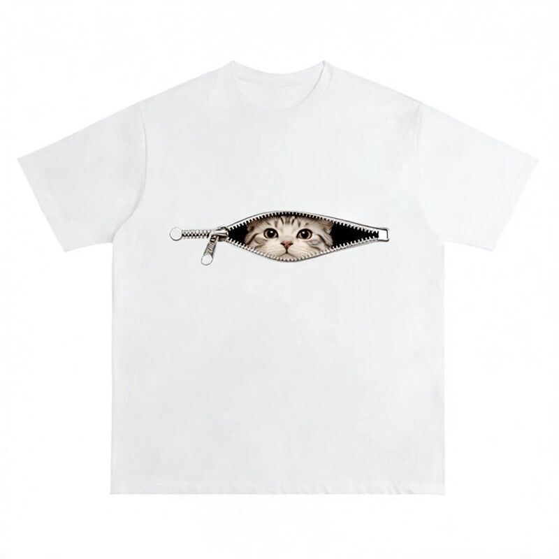 Large Size Pure Cotton Short-Sleeved [Zipper Kitty] Trendy Brand Summer Oversize Loose T-Shirt Casual Couple Tops