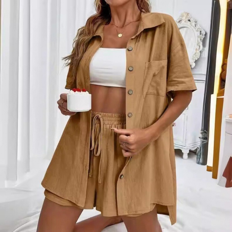 2026 In-Stock Cross-Border Aliexpress Fashion Shorts Two-Piece Solid Color Shirt Set for Women Casual Loose Short-Sleeve Single-Breasted 2026 In-Stock Cross-Border Aliexpress Fashion Shorts Two-Piece Solid Color Shirt Set for Women Casual Loose Short-Sleeve Single-Breasted