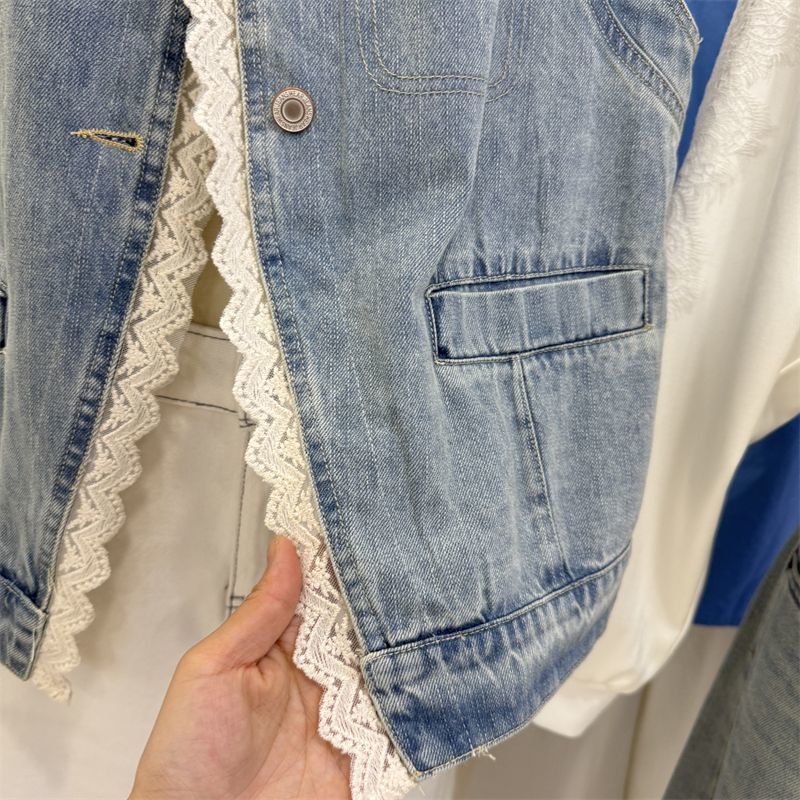 Spring fashionable lace retro denim jacket sleevless