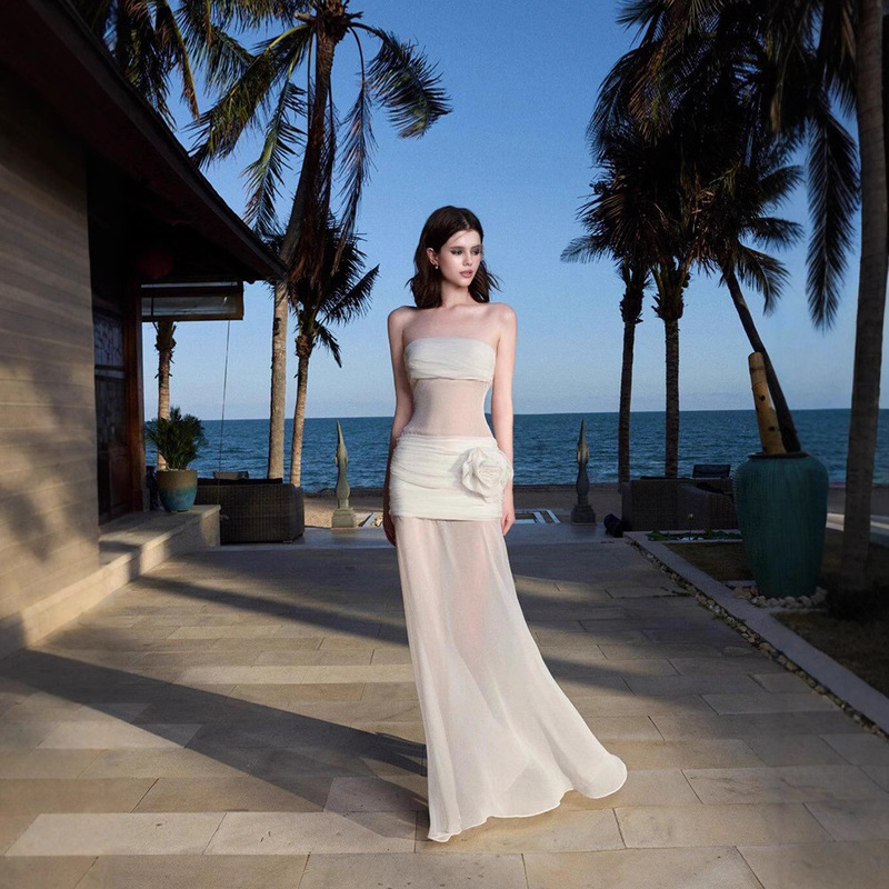 Seaside Holiday Style Perspective Mesh Strapless Skirt Design Sense Slim-fit Temperament Long Skirt Travel Photograph Beautiful Skirt