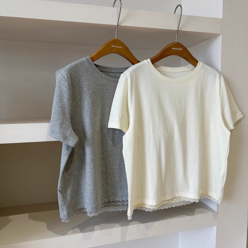 Cute Japanese solid summer lace cotton T-shirt with a round collar
