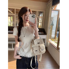 偽の2つのレースは蓬蓬のレースの丸首のtシャツの女性のデザイン感をつなぎ合わせて身を修めて痩せています。