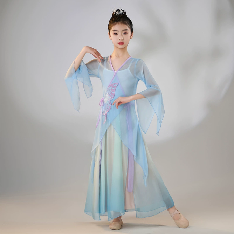 Детская одежда для классических танцев, тренировочная одежда, элегантная и сказочная длинная одежда для китайских танцев, этнических танцев, одежда для выступлений в древнем стиле.