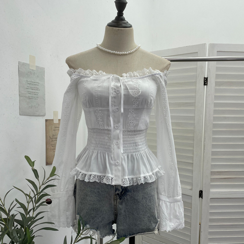 Real Shot of a One-Shoulder Lace-Trimmed Tie-Bow Shirt with Elasticated Short Long-Sleeve Cardigan Top 9662