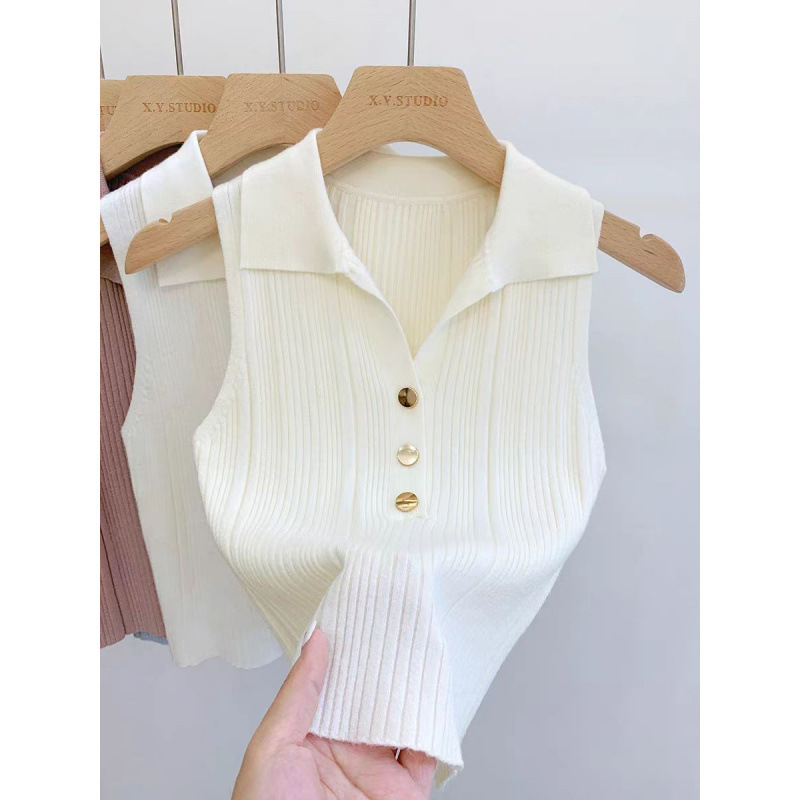 Chanel-Style Gold Button Polo Collar Knitted Vest for Women Early Autumn French Sleeveless Unique Chic Slim-Fit Top Base Shirt