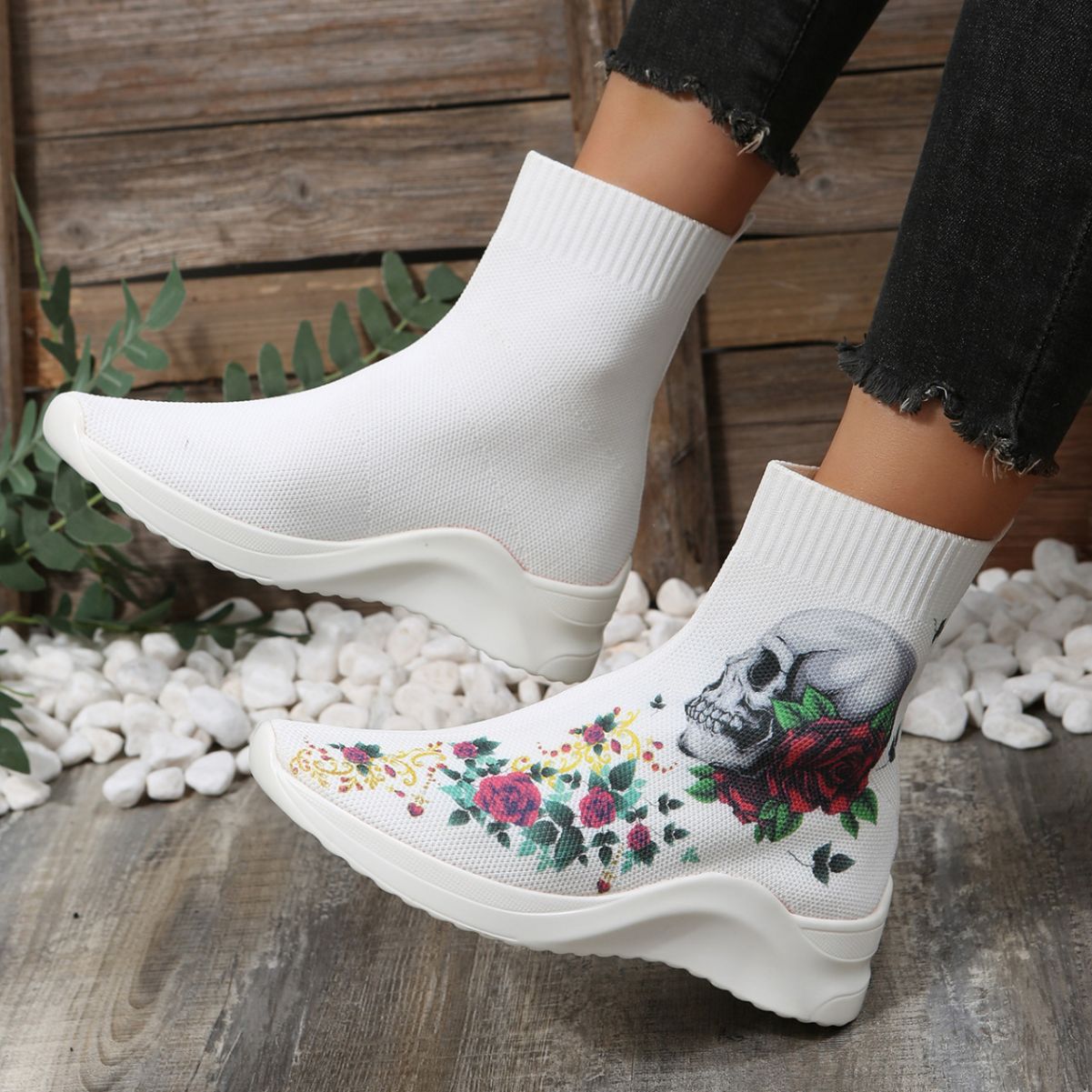 2023夏季新款外贸大码女士休闲鞋temu骷髅头玫瑰图案ins风女鞋
