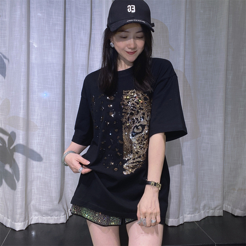 American Style Pure Cotton Round Neck Pullover Short-Sleeved T-Shirt for Men and Women, Hot Diamond Half-Sleeved Fashionable Couple Tops