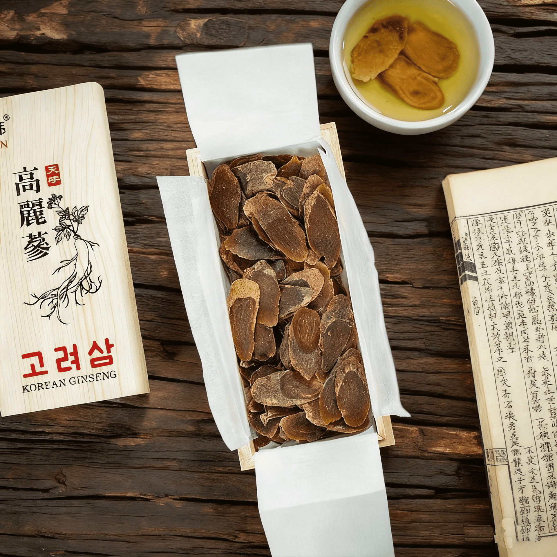 Korean Red Ginseng Whole Root Slices Unsweetened 37.5g Iron Box Qi Han in use