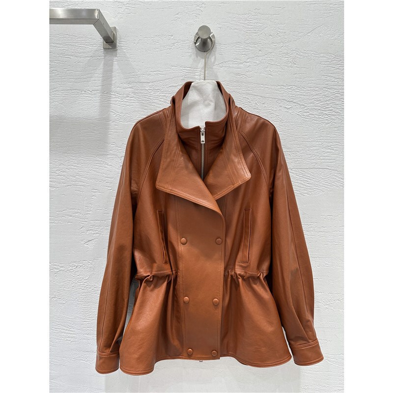 Imported Light Oil Wax Lambskin Jacket Double Collar Waist Mid-Length Windbreaker Jacket Genuine Leather Jacket for Women