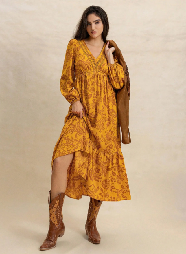 cross-border European And American Women's Clothing Summer New Printed V-neck Long-sleeve Dress_ecoleips.com