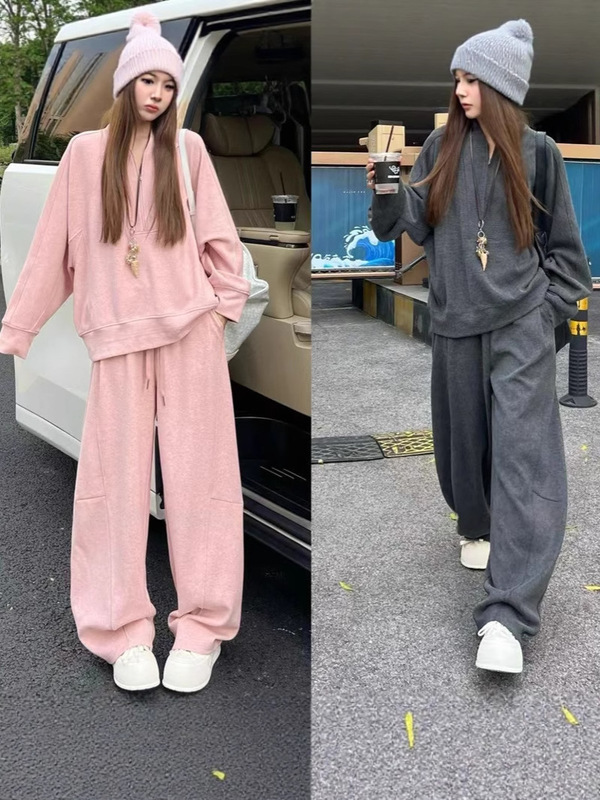 韩系气质高级套装2025春秋新款休闲半拉链卫衣阔腿裤两件套女代发|undefined